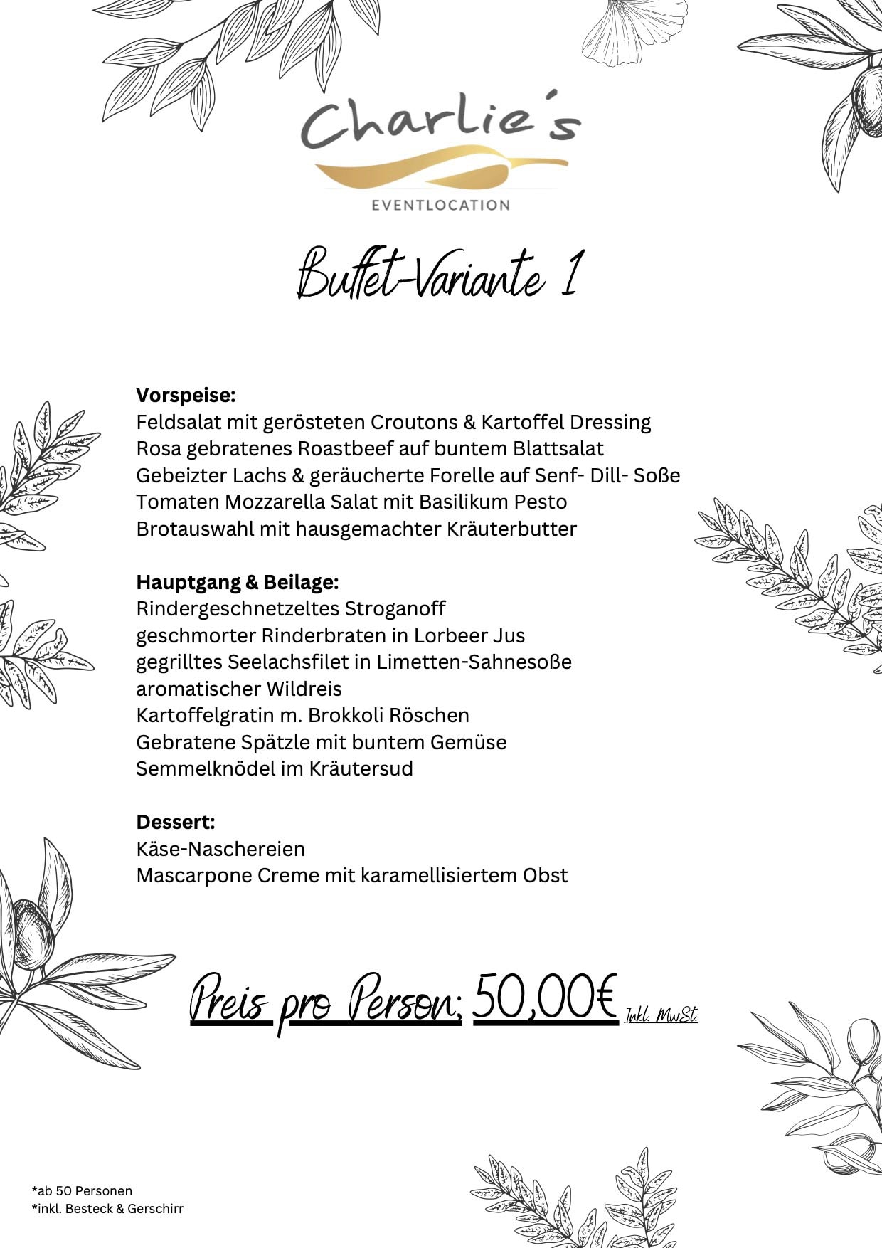 Buffet-Menü in elegantem Schwarz-Weiß-Design mit dekorativen Blumen und Charlie's Logo oben.