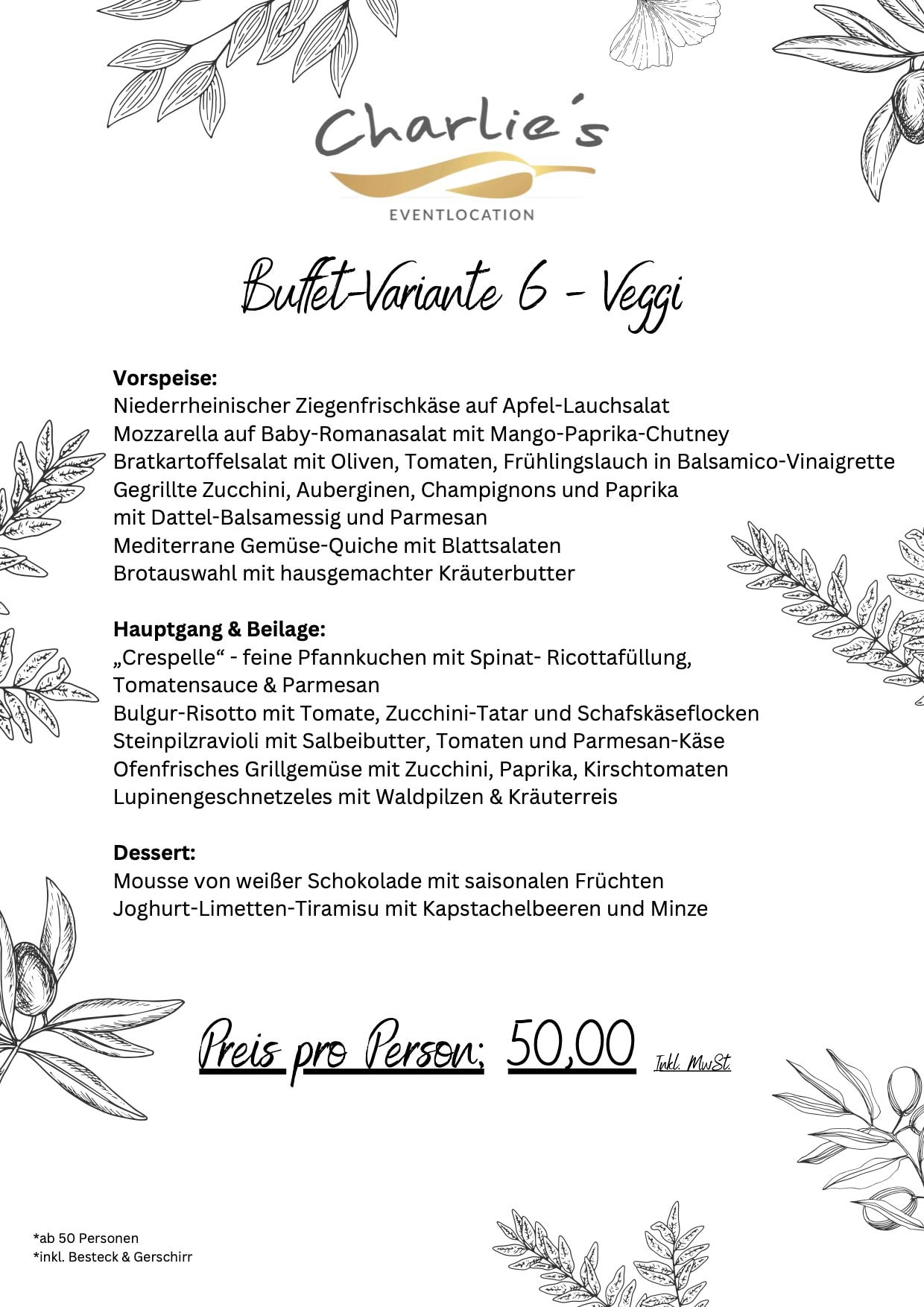 Charlie's Eventlocation Buffet-Menükarte, schwarz-weißer Text und Design, Preis 50,00 €.